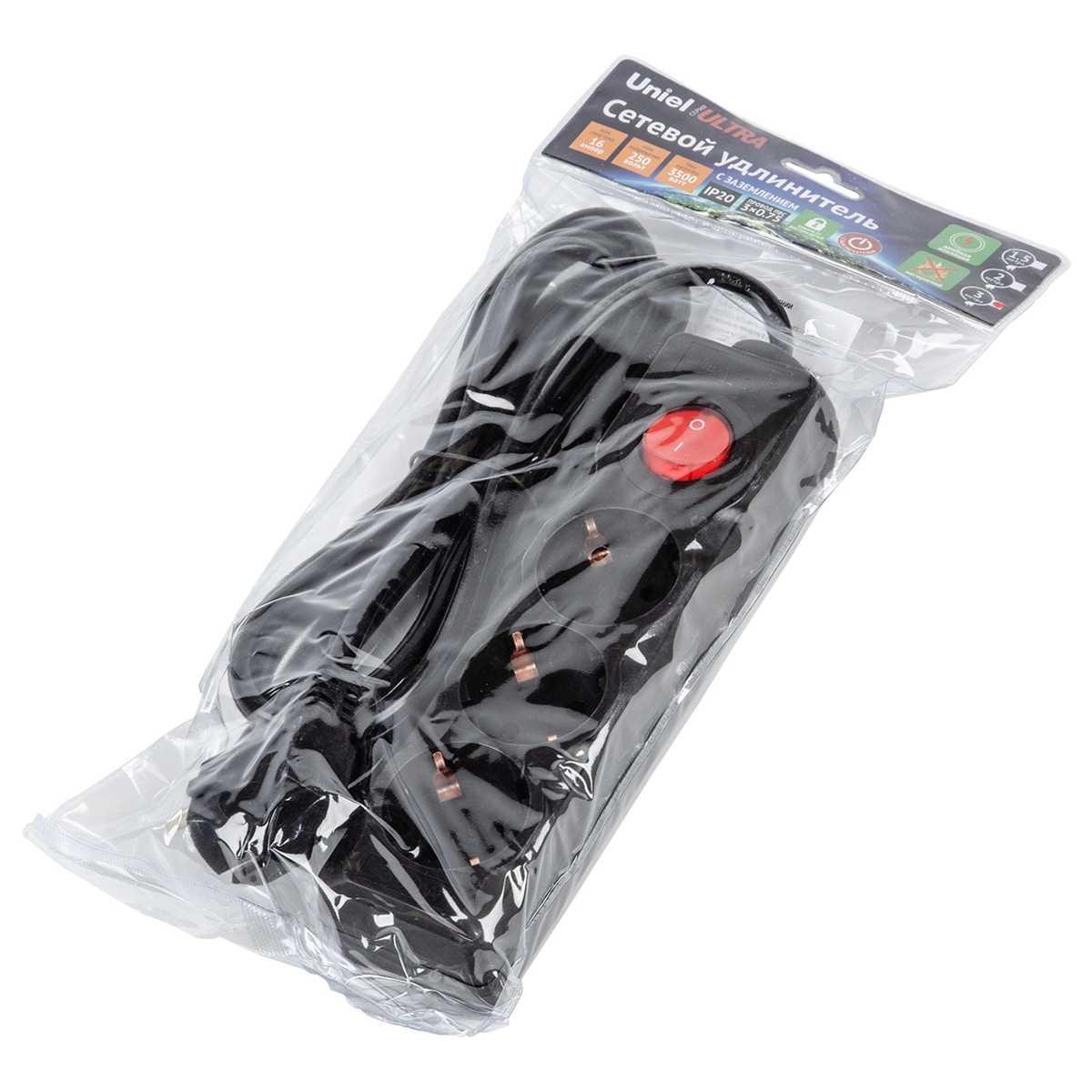 фото удлинитель uniel ultra 3гн х 3м с/з s-gcu3-3b black ul-00010017 | 220svet.ru