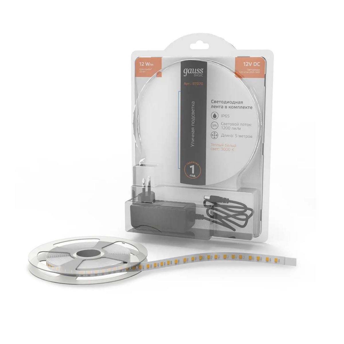 фото лента gauss 12w/m 120led/m 2835smd теплый белый 5m bt070 | 220svet.ru