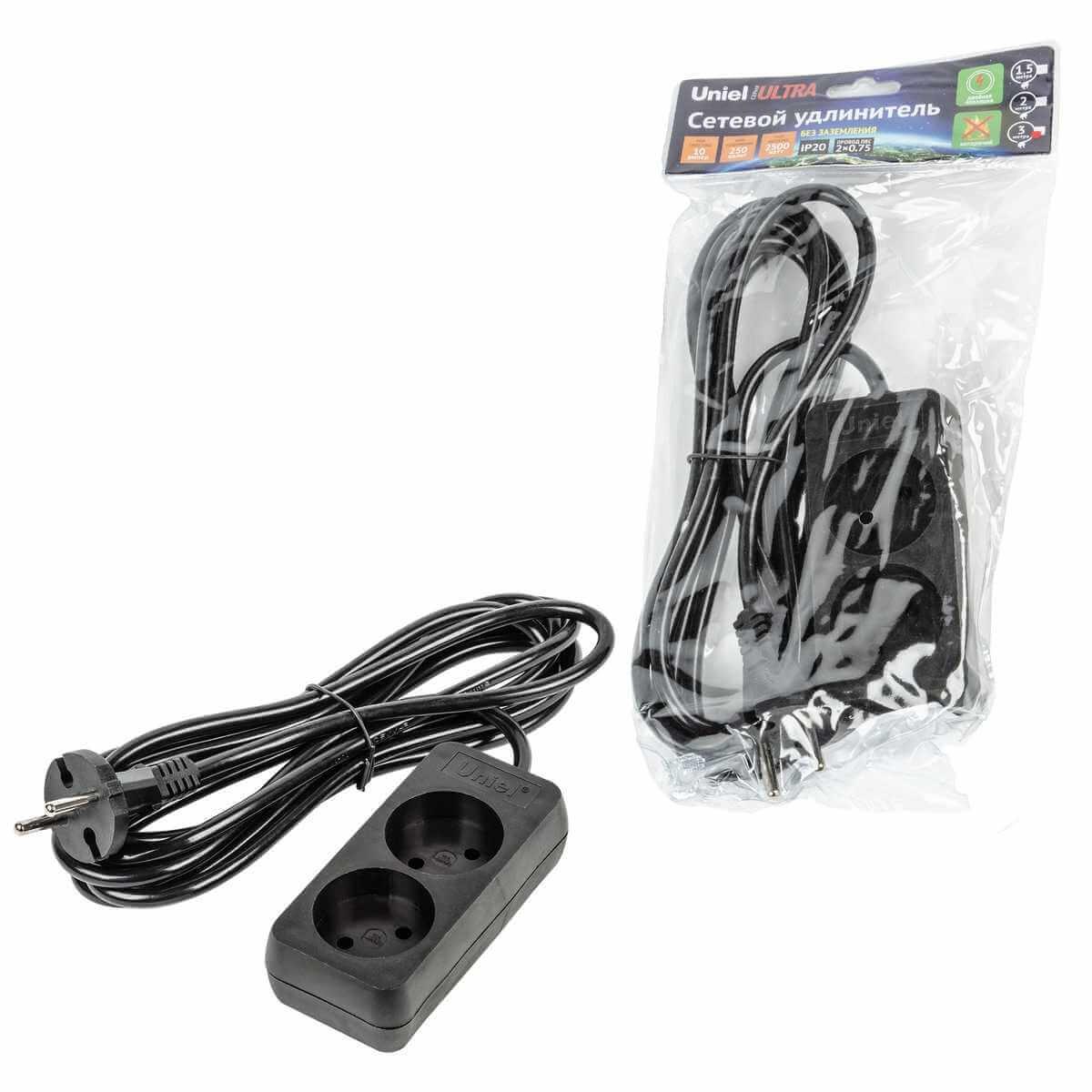 фото удлинитель uniel ultra 2гн х 2м б/з s-cu2-3 black ul-00009976 | 220svet.ru